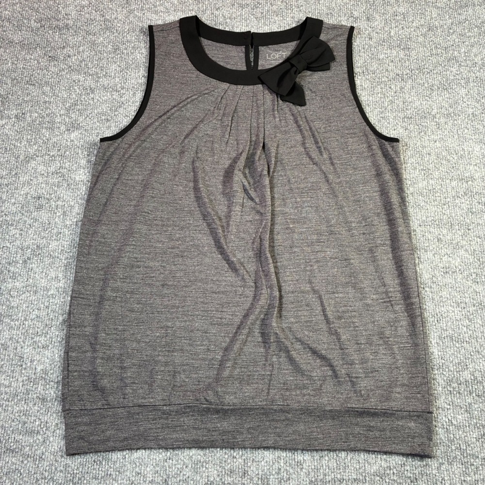 Ann Taylor LOFT Sleeveless Top Womens M Grey Bow Neck Banded Hem Shell